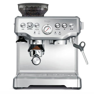 Sage espresso machine with a clear container for coffee beans on a white background