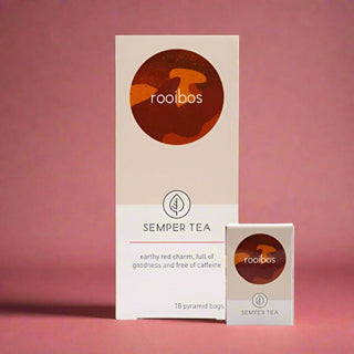 Caja de Semper Tea Rooibos con diseño elegante, 18 bolsitas de té.