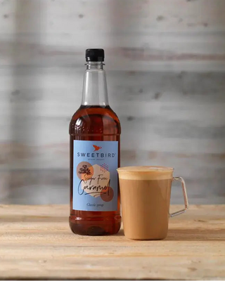 Sweetbird Sugar-Free Caramel Syrup with sugar free caramel latte